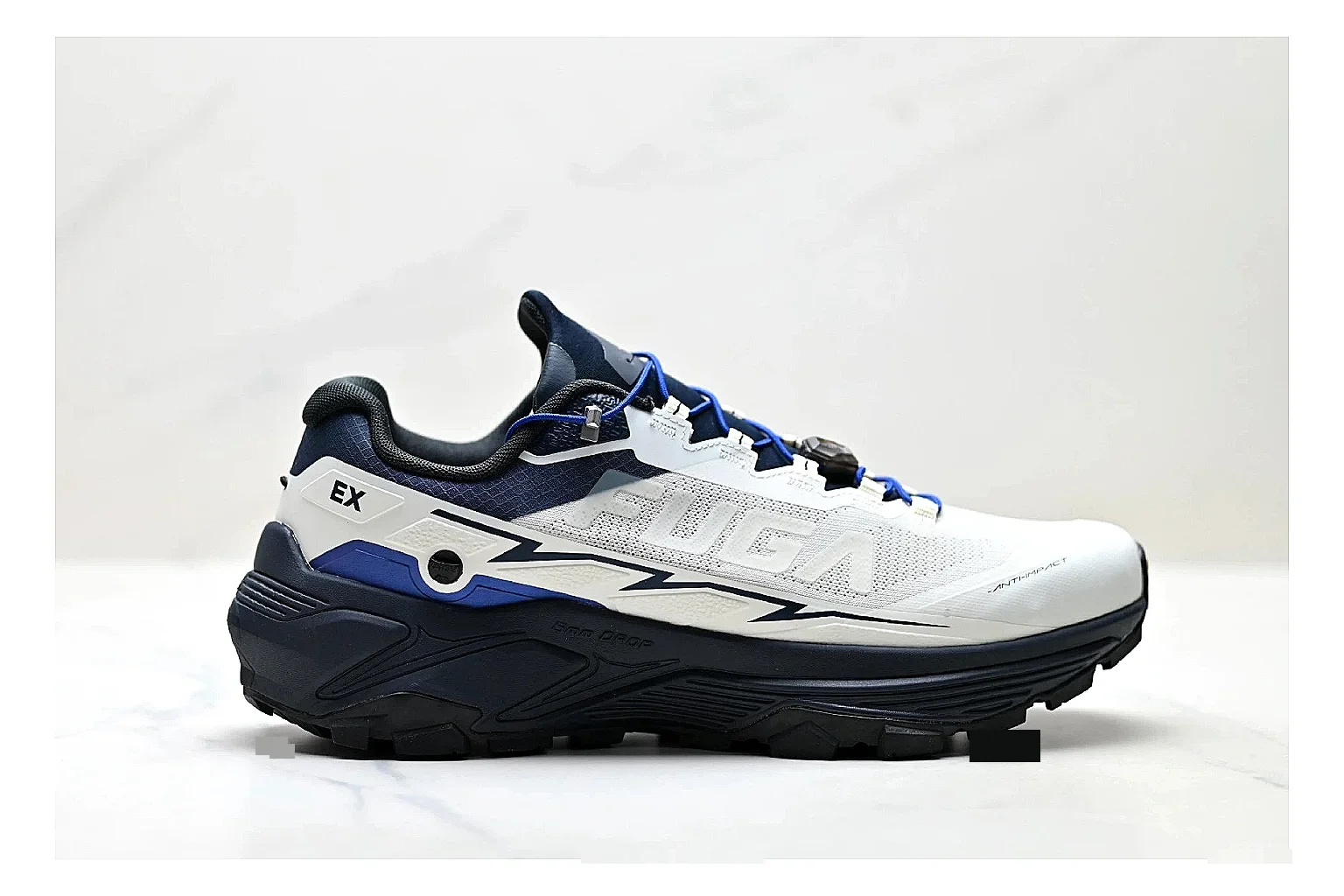 Trail Runner White Navy Sneaker shopping brief photo showing white navy mesh-leather runner upper, rugged trail shape, protective overlays, and traction sole