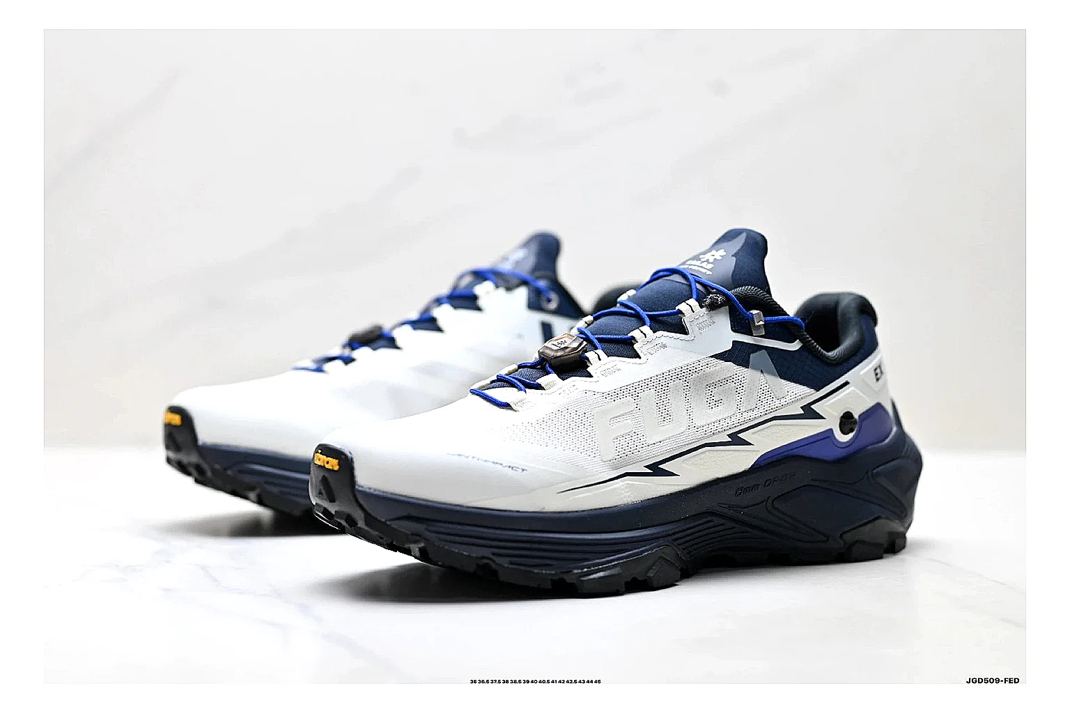 Trail Runner White Navy Sneaker shopping brief photo showing white navy mesh-leather runner upper, rugged trail shape, protective overlays, and traction sole thumbnail 2