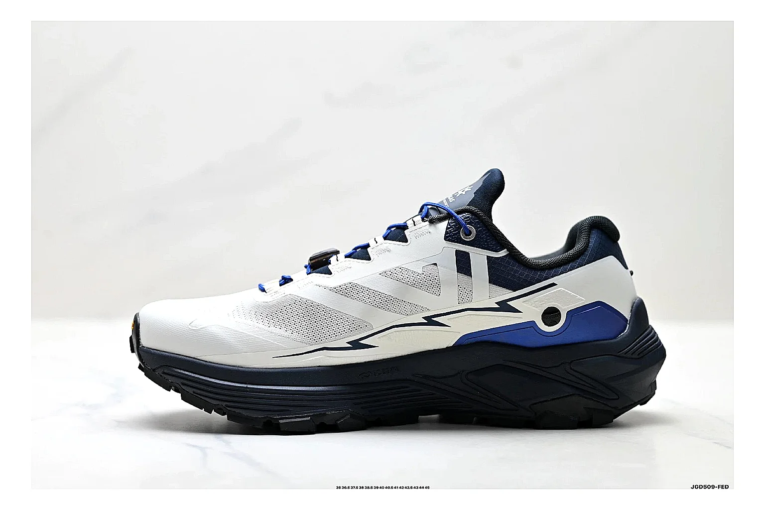 Trail Runner White Navy Sneaker shopping brief photo showing white navy mesh-leather runner upper, rugged trail shape, protective overlays, and traction sole thumbnail 5