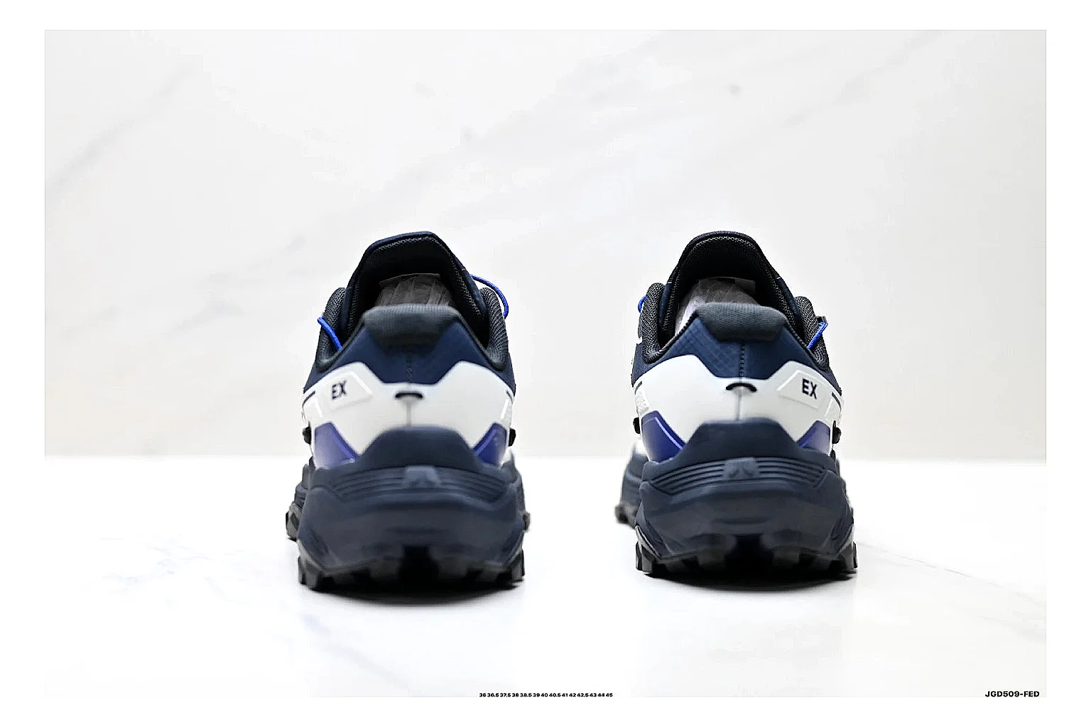 Trail Runner White Navy Sneaker shopping brief photo showing white navy mesh-leather runner upper, rugged trail shape, protective overlays, and traction sole thumbnail 6