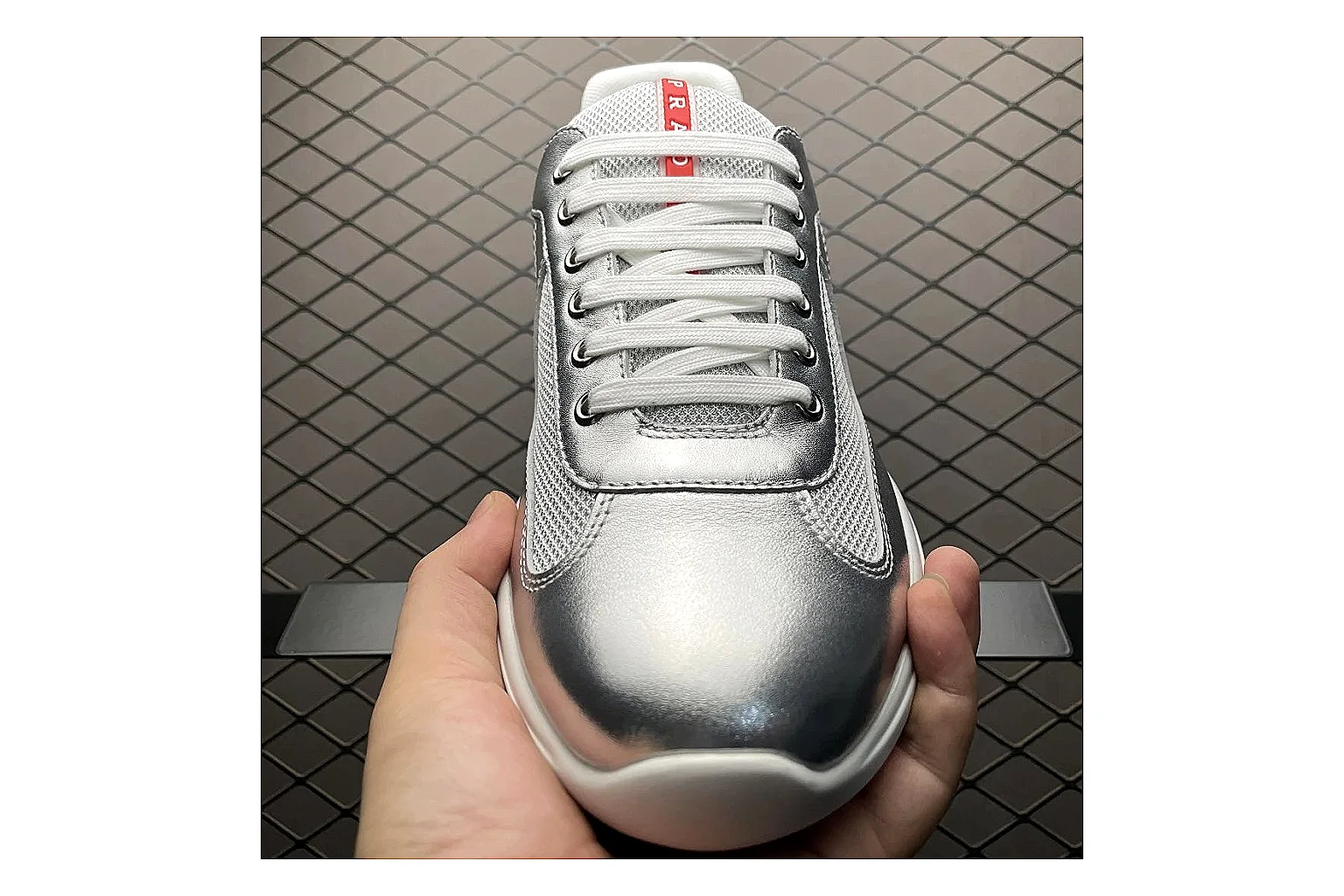 Prada America Cup Silver Sneaker shopping brief image showing silver america cup low-top with mixed upper and low top shape thumbnail 2