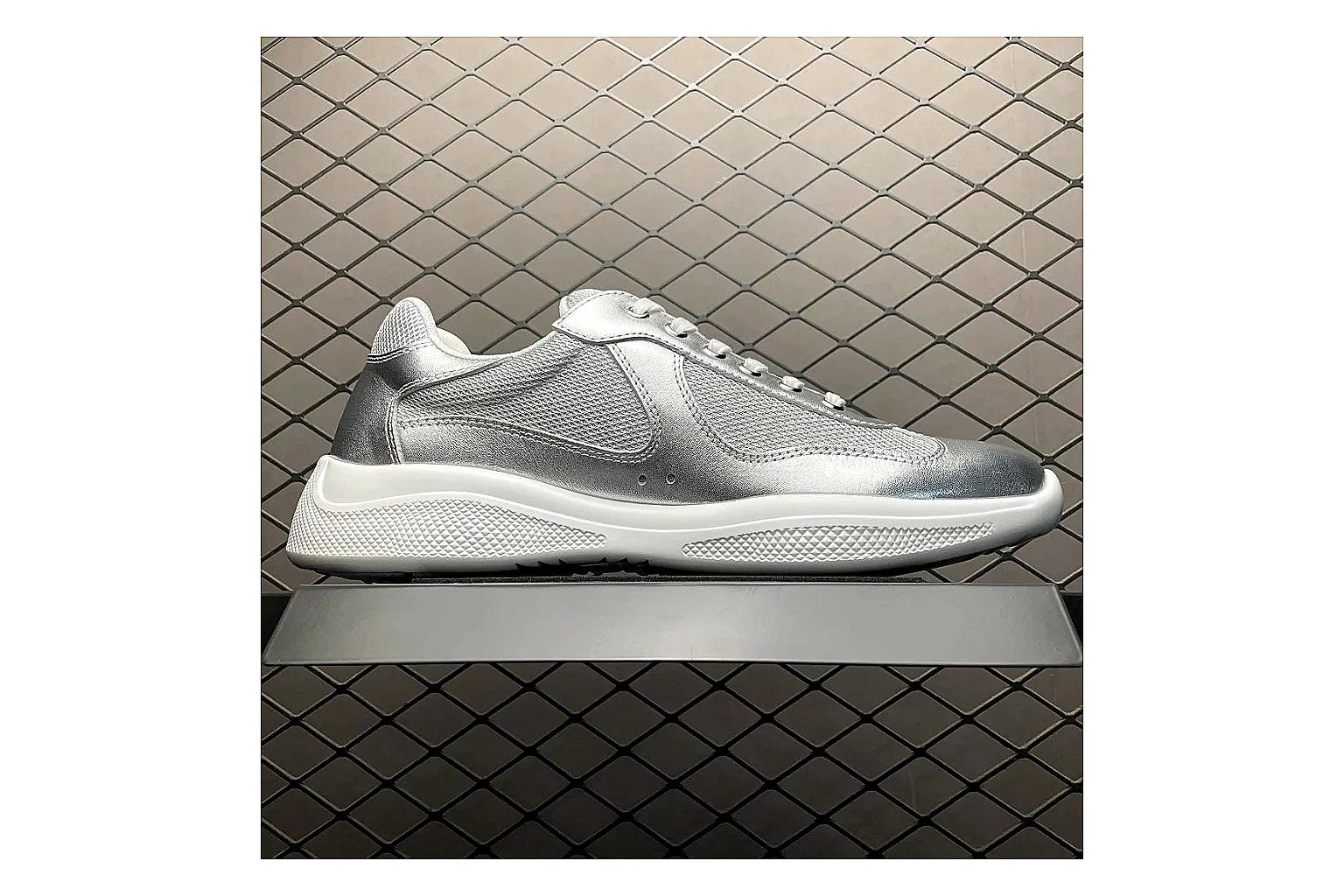 Prada America Cup Silver Sneaker shopping brief image showing silver america cup low-top with mixed upper and low top shape thumbnail 4