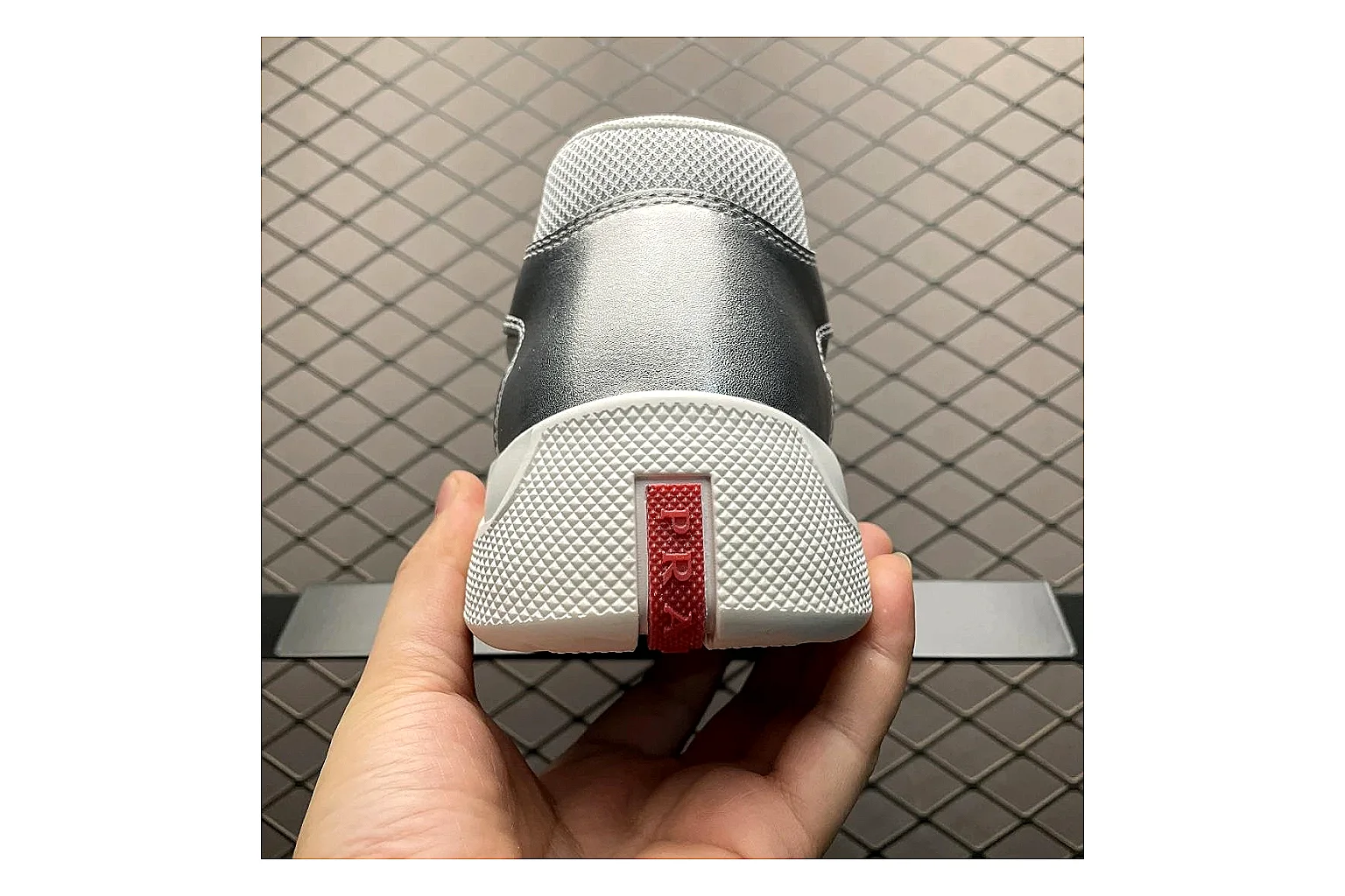 Prada America Cup Silver Sneaker shopping brief image showing silver america cup low-top with mixed upper and low top shape thumbnail 5