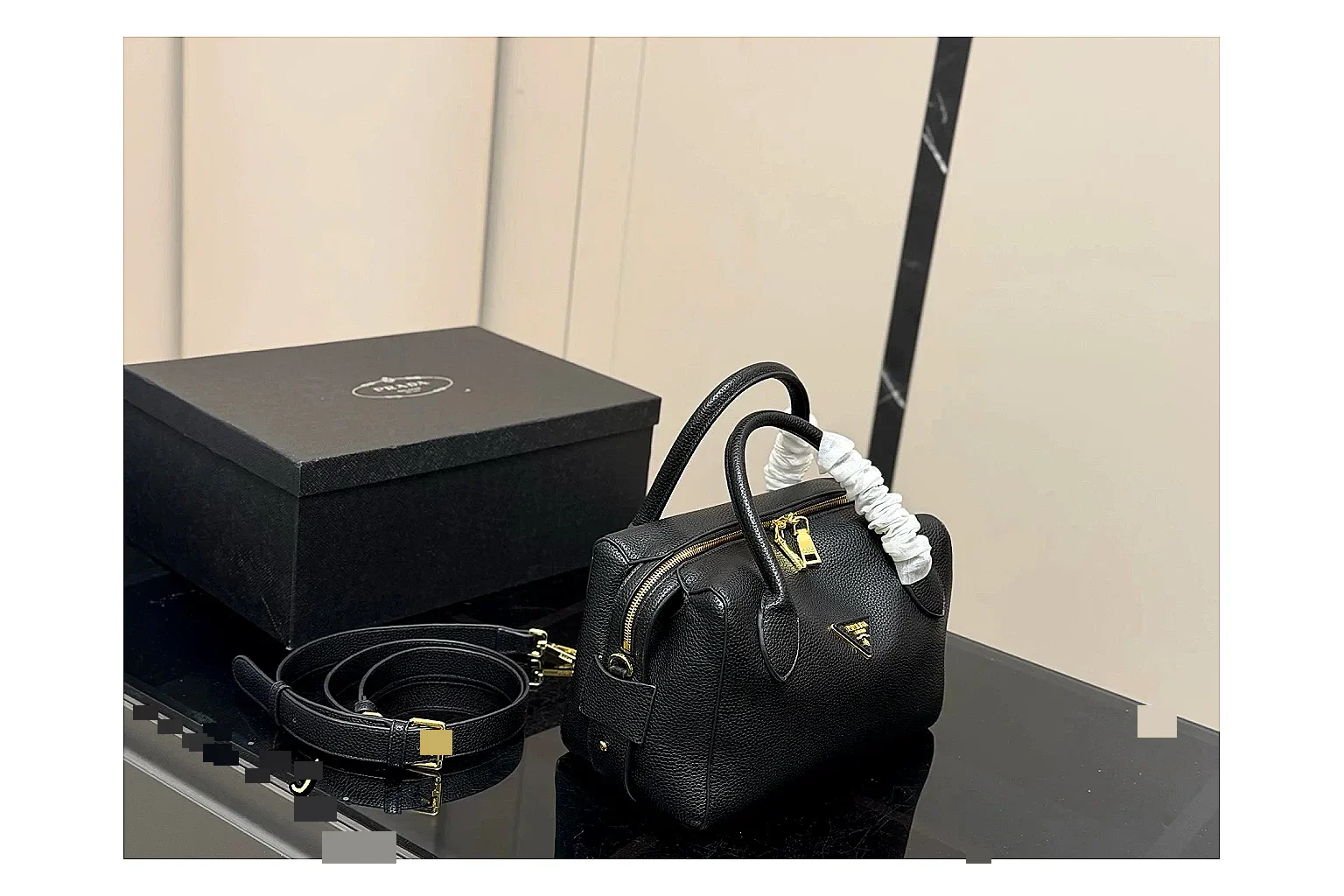 Prada Mini Top Handle Black shopping brief photo showing black leather mini bag body, structured top handle, compact silhouette, and clean metal hardware