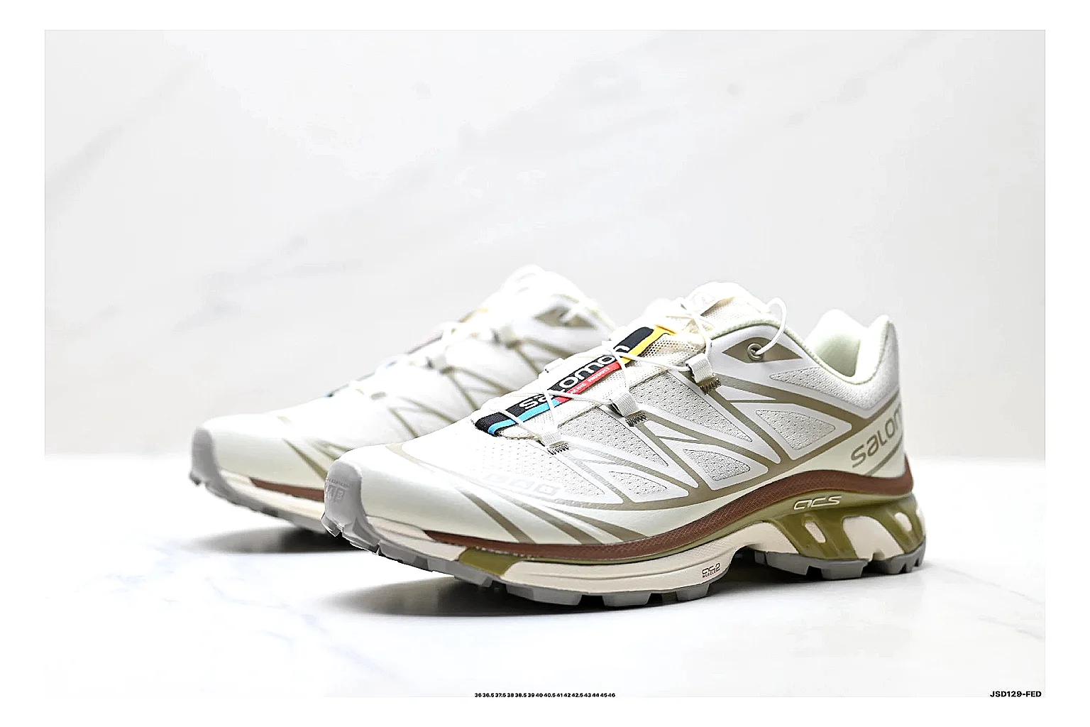 Salomon Xt Runner White Gold shopping brief photo showing white mesh trail-runner upper, gold accents, speed-lace style structure, and rugged sole thumbnail 2