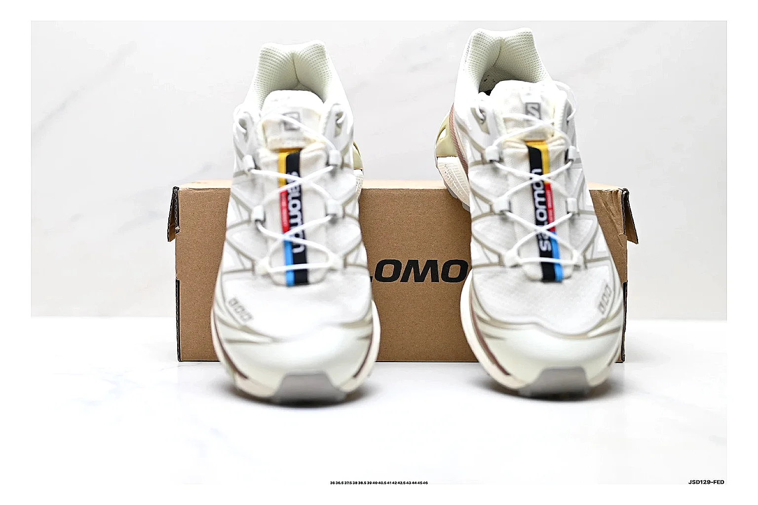 Salomon Xt Runner White Gold shopping brief photo showing white mesh trail-runner upper, gold accents, speed-lace style structure, and rugged sole thumbnail 3