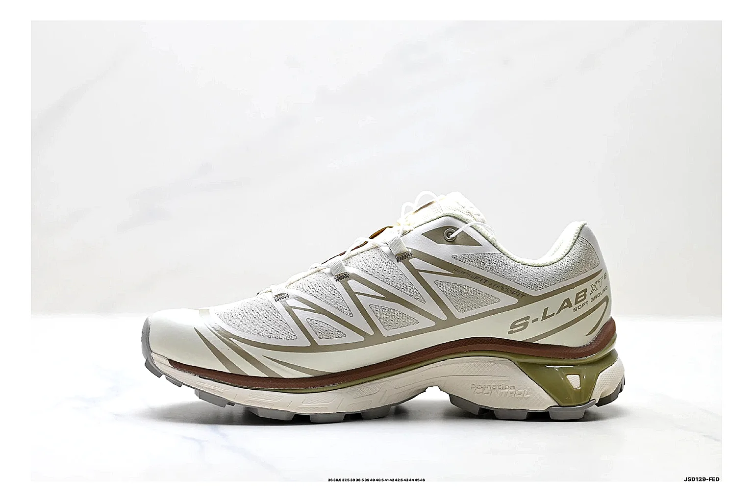 Salomon Xt Runner White Gold shopping brief photo showing white mesh trail-runner upper, gold accents, speed-lace style structure, and rugged sole thumbnail 5